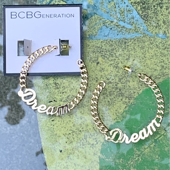 BCBGeneration Gold Chain “DREAM” Script LARGE HOOPS POST EARRINGS! 2” Diameter - Picture 2 of 5